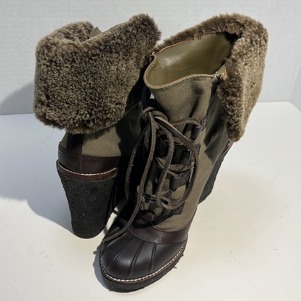 Tory Burch Wedge Brown/Washed Kahki/Charcoal Boots Sz 8 - Picture 12 of 13